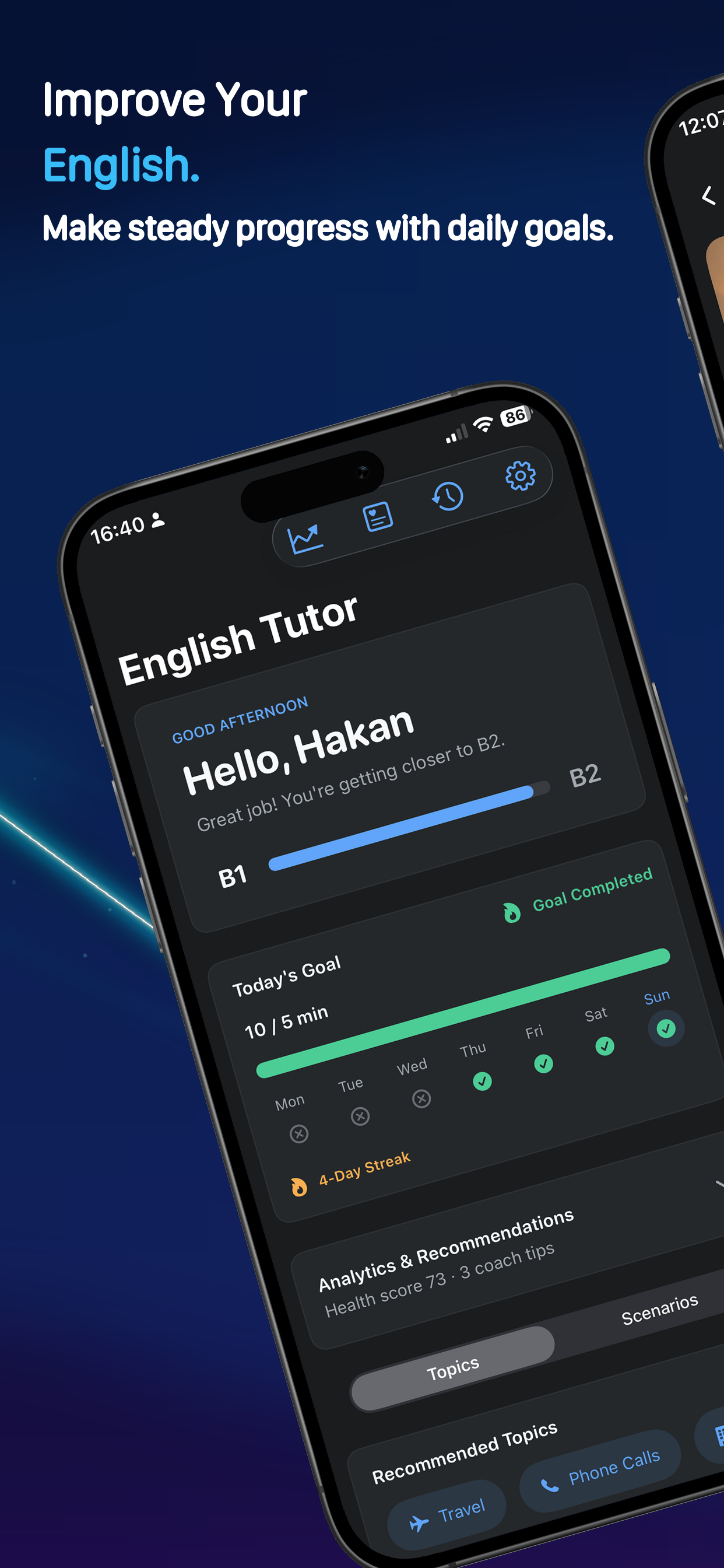 Emma - English Tutor home screen with daily goals and progress