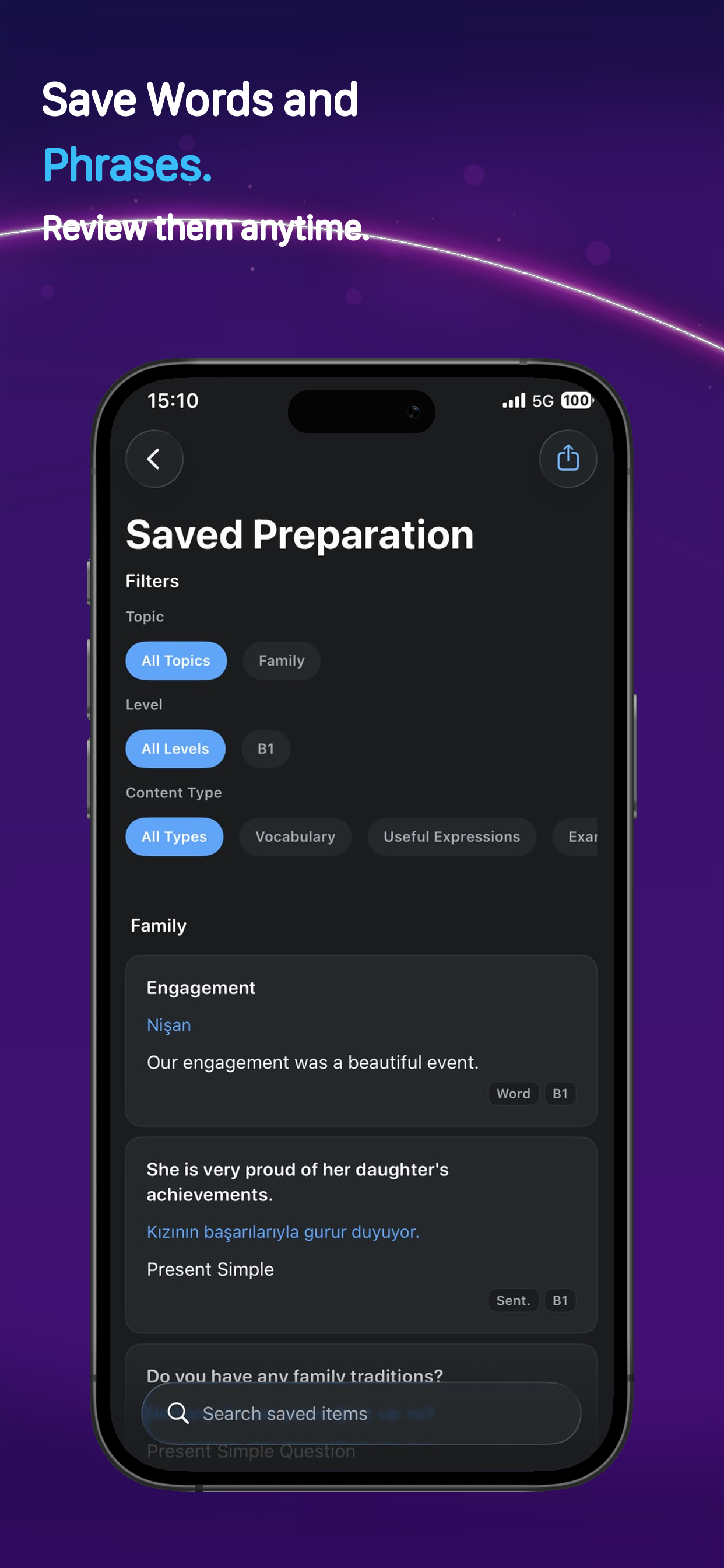 Saved words and phrases